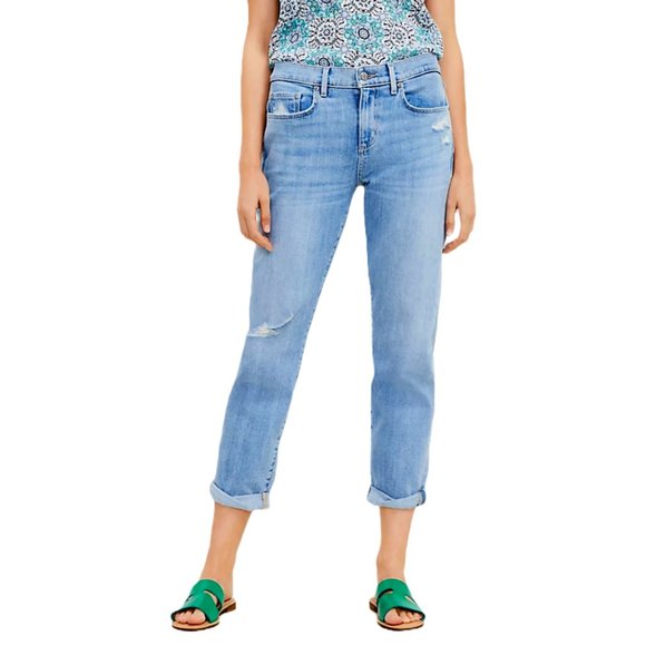 Loft Destructed Super Soft Girlfriend Jeans in Light Vintage Indigo Wash | XS - Picture 3 of 4